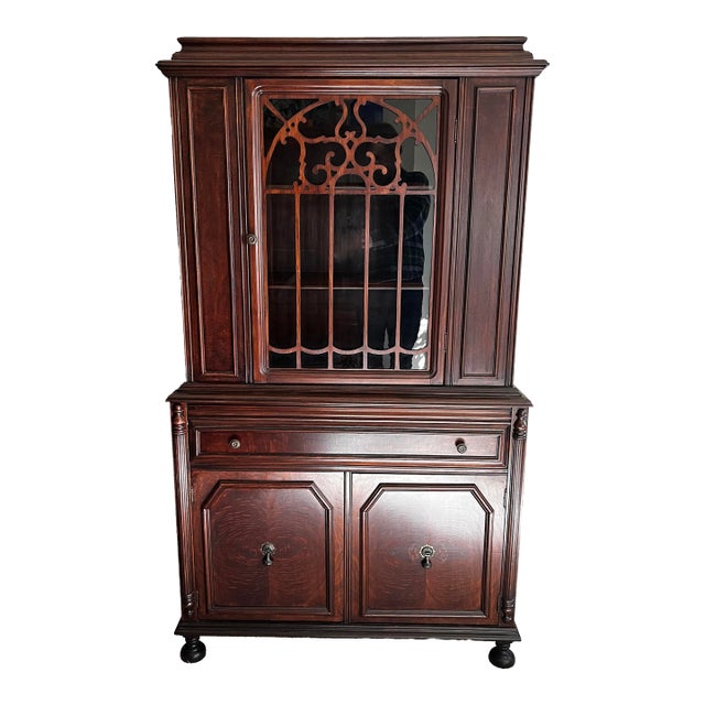 1940's Jacobean Style China Cabinet. For Sale
