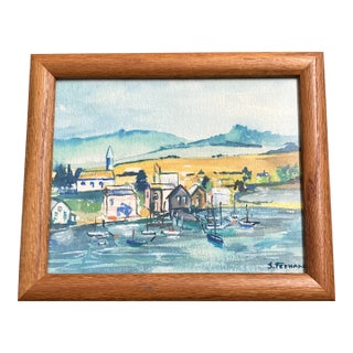 Contemporary Original Bucks County Pa Artist James Feehan River Village Sailboats Watercolor Painting For Sale
