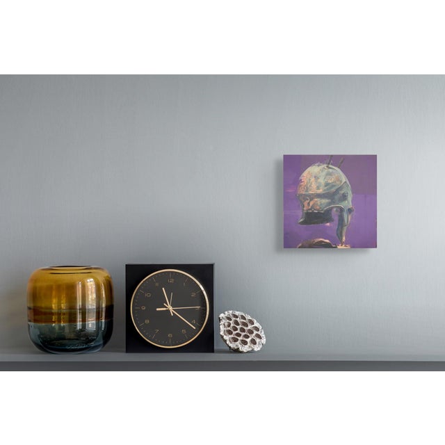Keeping an Eye on You by Elena Burykina | Oil on panel Painting of a helmet on a purple background For Sale - Image 4 of 5