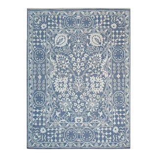 6x9 Blue Hand-Knotted Wool Bamboo Silk Framed Floral Garden Geometric Carpet Rug For Sale