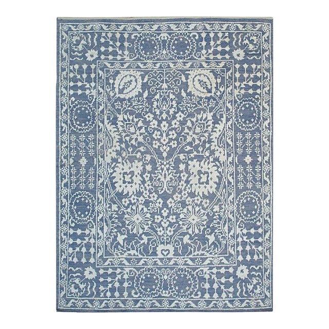 6x9 Blue Hand-Knotted Wool Bamboo Silk Framed Floral Garden Geometric Carpet Rug For Sale