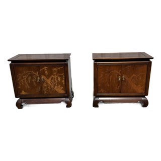 1970s Broyhill Walnut Parquetry Asian Cabinets, 2 Pieces, Attributed For Sale