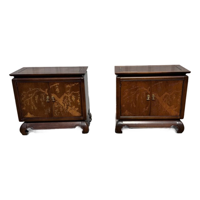 1970s Broyhill Walnut Parquetry Asian Cabinets, 2 Pieces, Attributed For Sale
