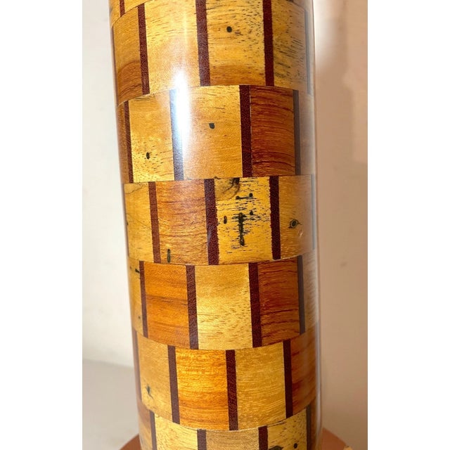 1990s Handmade Tall Turned Parquetry Natural Wood Modern Electric Table Lamp Sculpture For Sale - Image 9 of 13
