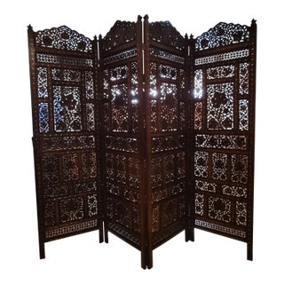 Vintage Four-Panel With Brass Inlay Teak Wood Screen Room Divider For Sale