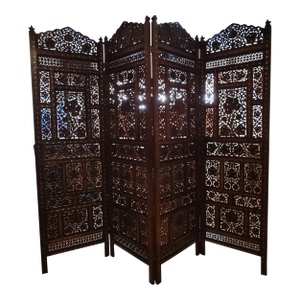 Vintage Four-Panel With Brass Inlay Teak Wood Screen Room Divider
