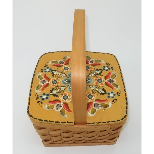 Late 20th Century Scandinavian Rosemaling Folk Art Painted Wood Basket Handbag For Sale - Image 5 of 14