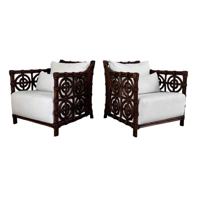 Organic Modern Rattan Lounge Chairs With Unique Circular Design, a Pair For Sale