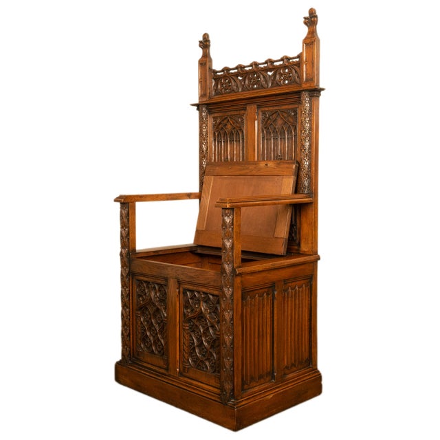 Gothic Antique 19thC French Carved Oak Gothic Revival Throne Storage Chair Seat 1880 For Sale - Image 3 of 13