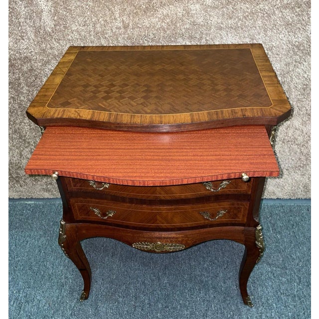 1950s Vintage French Style Wood/Parquet Inlaid Three Drawer Chest W/Brass Ormolu For Sale - Image 5 of 10