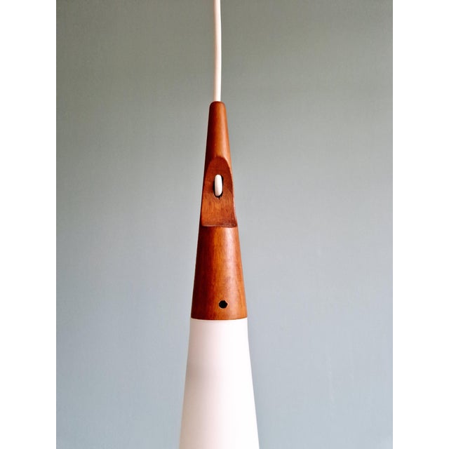 Scandinavian Suspension in White Opaline Glass & Teak by Uno & Östen Kristiansson for Luxus, 1960s For Sale - Image 11 of 14