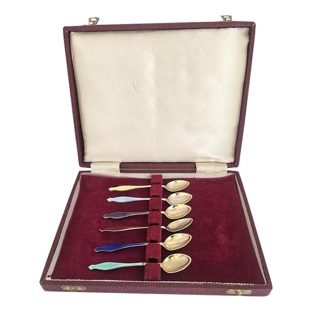 1950s Gustav Hellstrøm Norway Sterling Guilloché Enamel Vermeil Demitasse Spoons, Set of 6 in Original Case For Sale