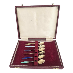 1950s Gustav Hellstrøm Norway Sterling Guilloché Enamel Vermeil Demitasse Spoons, Set of 6 in Original Case