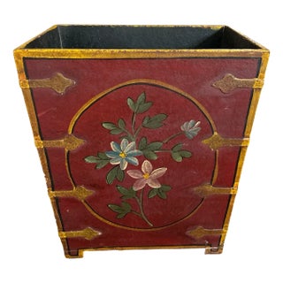Mid 20th Century Vintage Red Floral Wastebasket For Sale