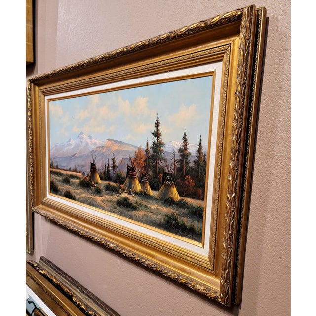 Heinie Hartwig -Indian Camp W/Teepees in the Rocky Mountains-Oil Painting For Sale - Image 9 of 10