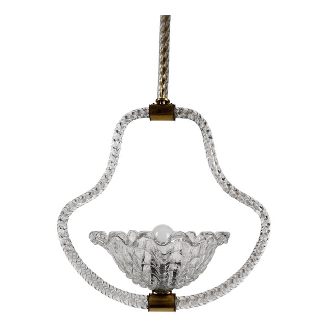 Art Deco Italian Murano Glass and Brass Pendant in the style of Barovier, 1930s For Sale