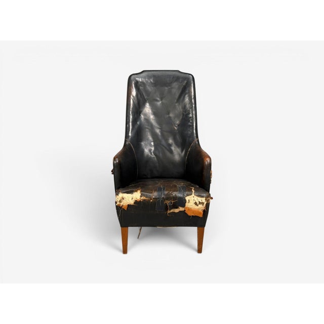 1940s Svend Åge Madsen, Highback Chair, Leather, Nut Wood, Denmark, 1947 For Sale - Image 5 of 12