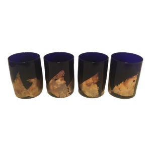 1980’s Randy Strong Signed Handblown Cobalt Blue With Gold Leaf Rocks Glasses- Set of 4