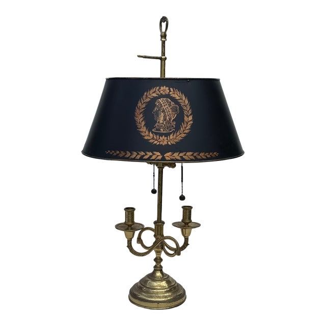 19th Century French Bouillotte Table Lamp – Tole Shade & Brass Base Lamp Neoclassical Motif For Sale