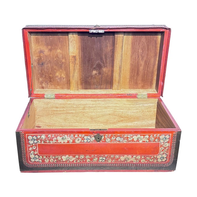 Late 19th Century 19th Century Chinese Export Red Leather Camphor Wood Trunk For Sale - Image 5 of 8