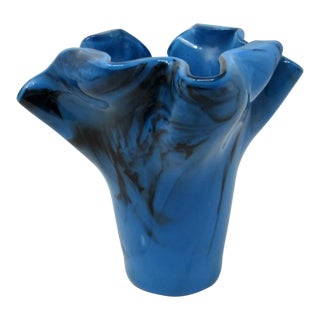 Vintage Blue and Black Slag Glass Handkerchief Vase For Sale