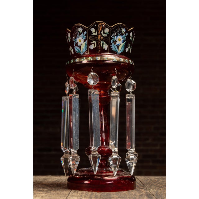 Pair of 19th Century Bohemian Ruby Glass Mantle Lusters With Prisms For Sale - Image 4 of 10
