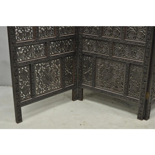 Vintage Anglo Indian Carved Teak Wood 4 Panel Room Divider Folding Screen For Sale - Image 11 of 15