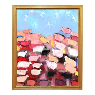 Birds, Sheep and Angels, Modern Impressionist Pastoral Landscape Oil Painting, Signed For Sale
