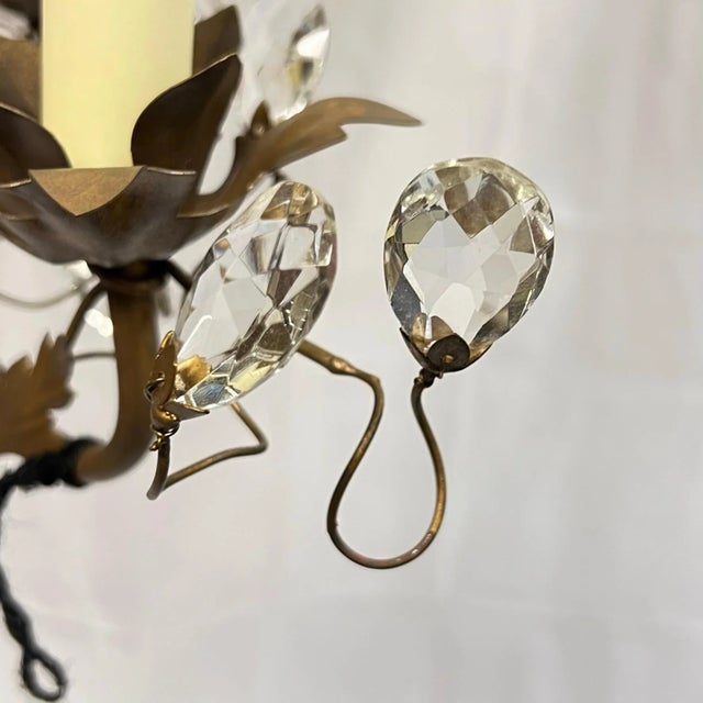 Metal Vintage Bagues Style Patinated Metal and Glass Three-Light Chandeliers - A Pair For Sale - Image 7 of 12