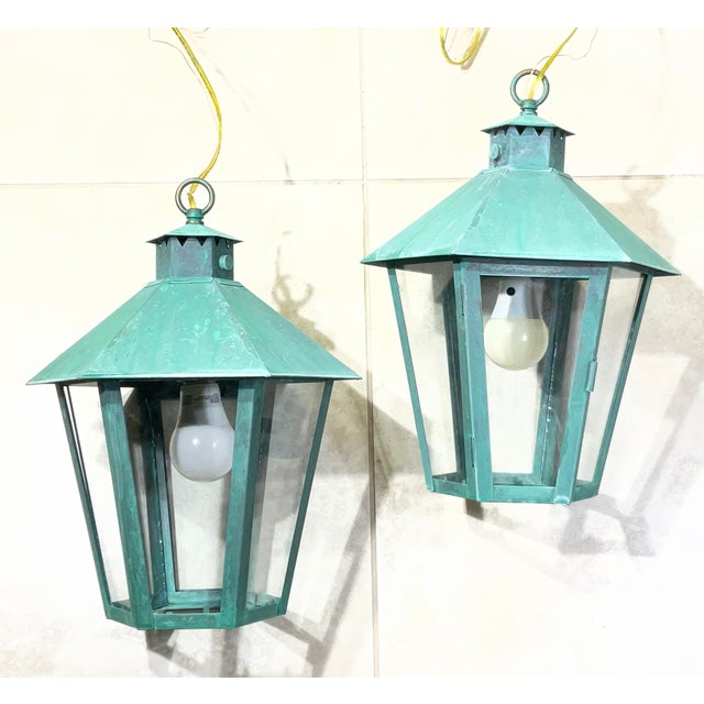 Hand-Crafted Vintage Solid Brass Hexagonal Hanging Lanterns, Usa For Sale - Image 16 of 16