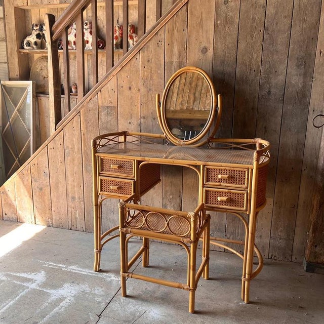 Wood Cane and Bamboo Dressing Table with Oval Mirror and Stool, Set of 2 For Sale - Image 7 of 9