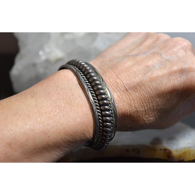 Vintage Heavy Sterling Silver Navajo Cuff Bracelet Franklin & Verna Tahe For Sale - Image 12 of 17