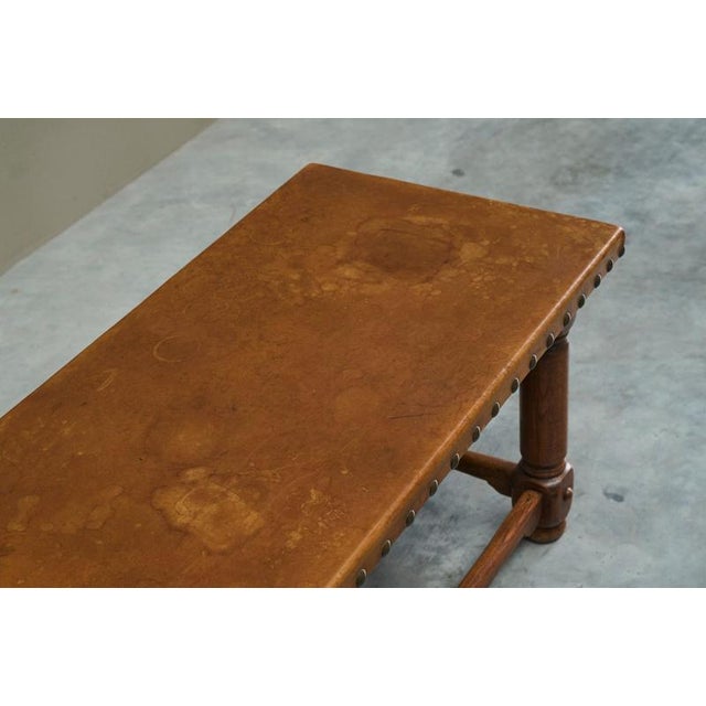 Mid-Century Spanish Coffee Table in Oak and Patinated Leather, 1940s For Sale - Image 6 of 12
