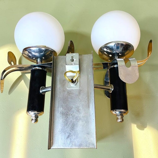 Portuguese Brutalist Double Wall Sconces with Opaline Glass Lampshades, 1980s, Set of 2 For Sale - Image 11 of 12