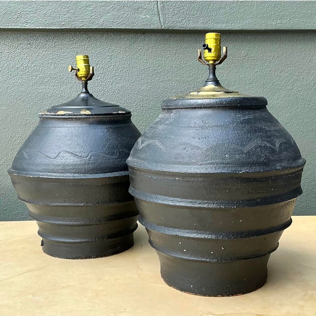 Vintage Greek Painted Terracotta Lamps - A Pair For Sale In West Palm - Image 6 of 12