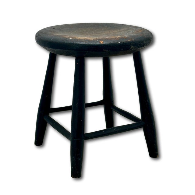 Very Nice Hand Made Antique American Primitive Pine Wood Footstool With Excellent Original Old Black Paint For Sale - Image 9 of 18