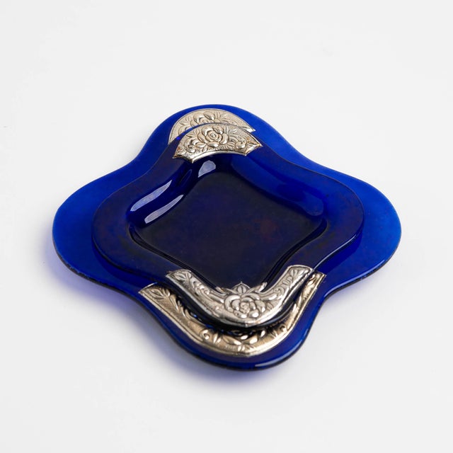 1980s Vintage Cobalt Blue Glass Catchalls With Silver Overlay - Set of 2 For Sale - Image 5 of 12