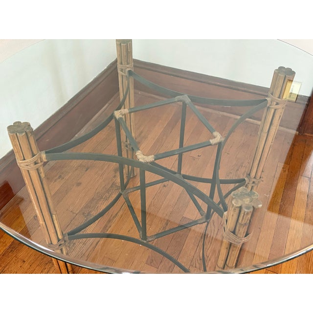 Baker Furniture Company Vintage Rattan and Bamboo Round Glass Top Dining Table in the Style of McGuire For Sale - Image 4 of 8