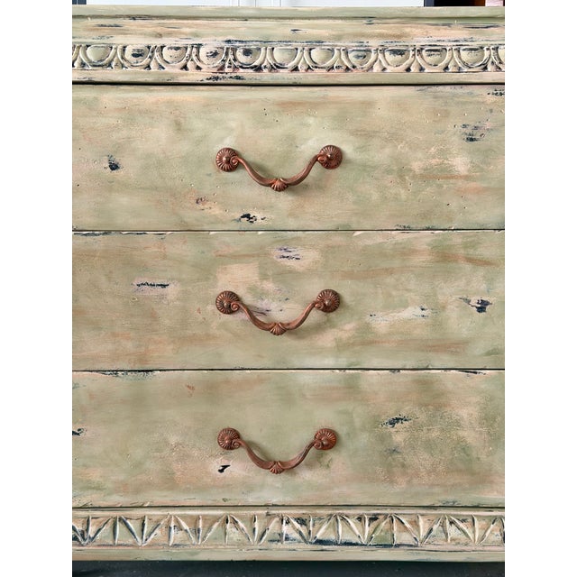 French Provincial Hand Painted Chest of Drawers — Distressed Celadon Finish For Sale In Naples, FL - Image 6 of 9