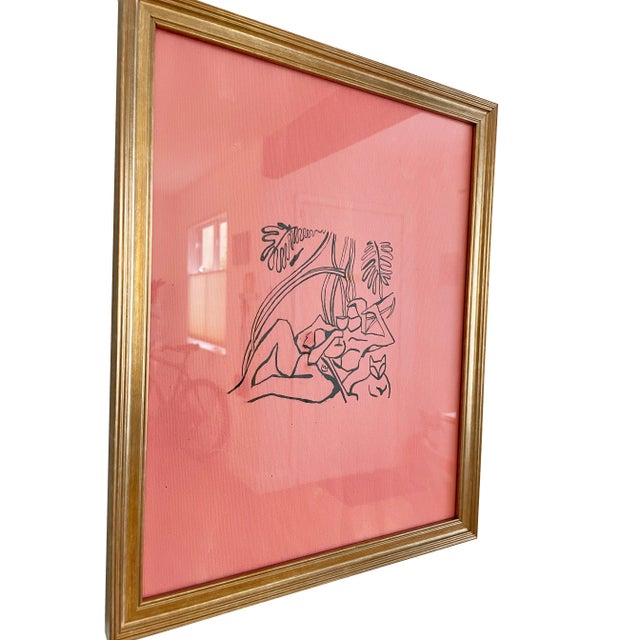 Contemporary Original Pink Ink Painting of a Woman Reclining With Cat by Max and Alma For Sale - Image 3 of 6
