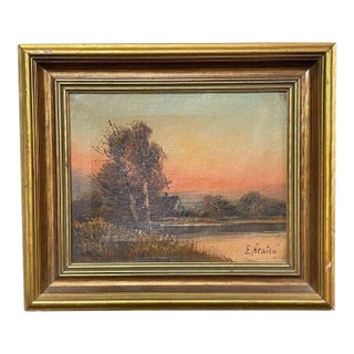 Vintage Signed E. Heaton Oil Painting Landscape Sunset Cottage River For Sale