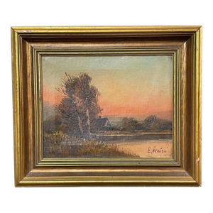 Vintage Signed E. Heaton Oil Painting Landscape Sunset Cottage River