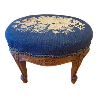 Antique Carved Wood Navy Needlepoint Footstool For Sale