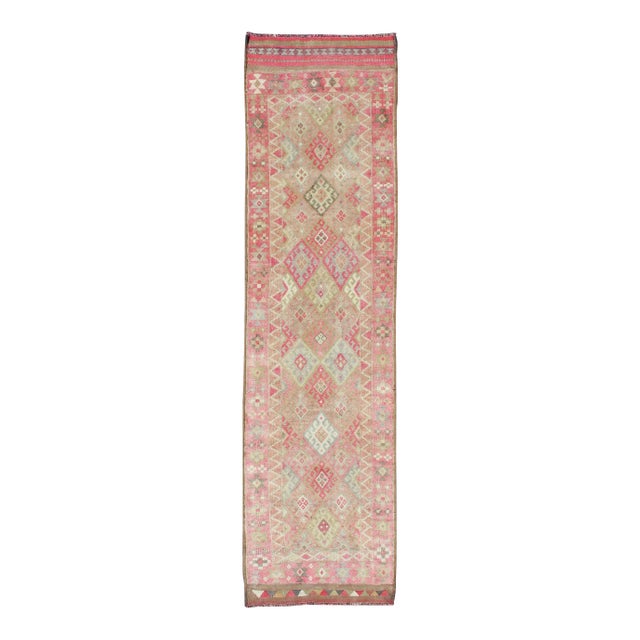 Geometric Kurdish Design Vintage Runner From Turkey in Pink, Red & Green Colors For Sale