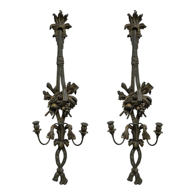 Pair of Antique French Patinated Metal Sconces For Sale
