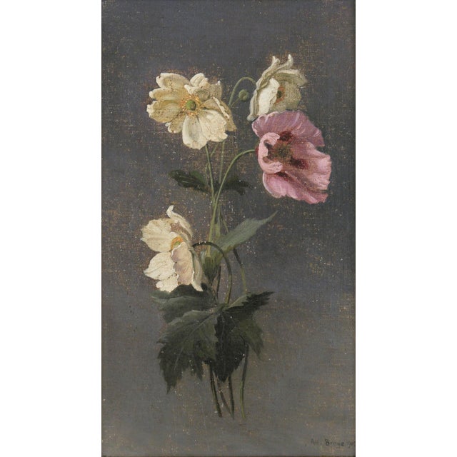 Delicate and detailed floral still life by Alfred Broge (Danish, 1870-1955). Three white anemones and one pink poppy, all...