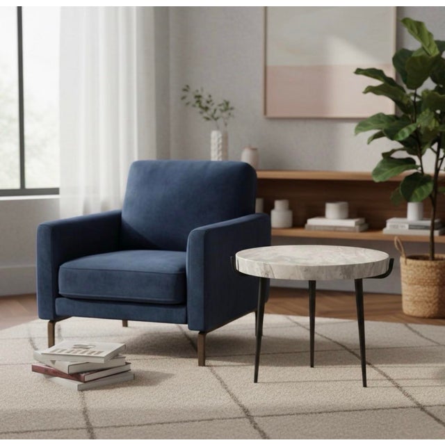 2020s Contemporary Round White Marble Side Table With Slim Black Tapered Legs For Sale - Image 5 of 7