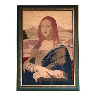 1920s Portrait of Mona Lisa Silk Embroidered Textile Artwork, Framed For Sale