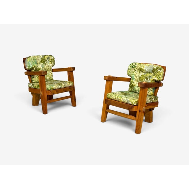 Mid-Century Modern Stig Sandqvist, Brutalist Lounge Chairs, Pine, Green Fabric, Sweden, 1960s For Sale - Image 3 of 15