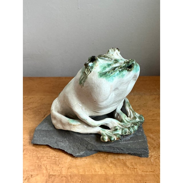 Green Vintage Ceramic Frog Sculpture on Stone Base For Sale - Image 8 of 14